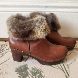 Suzzato Sydney Faux Fur Cuff Brown Leather Platform Clog Ankle Boots 5.5